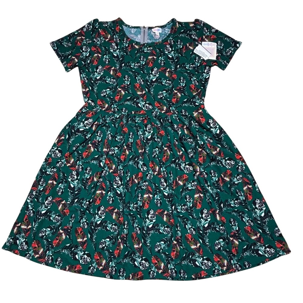 LuLaRoe Amelia Womens Dress 3XL Green Purple Red Feathers Tribal Fit & Flare NWT
